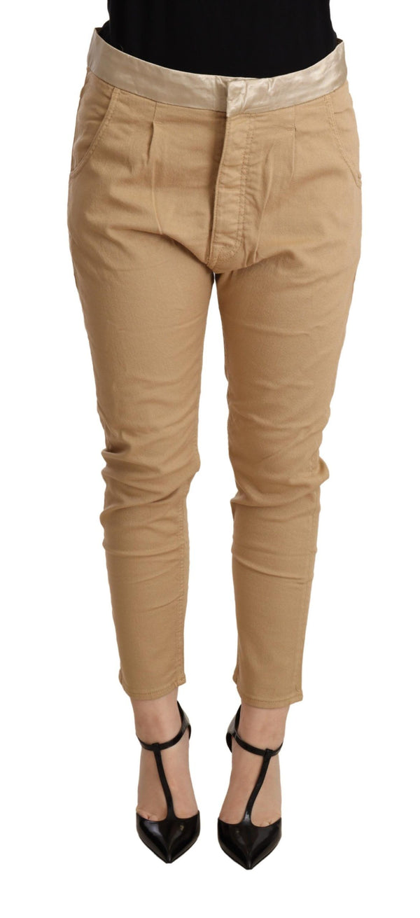 Pantaloni magri beige a metà vita slim fit