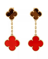 Magic Alhambra 2 Motifs Drop Earrings 18K Gold with Tiger's Eye and Carnelian