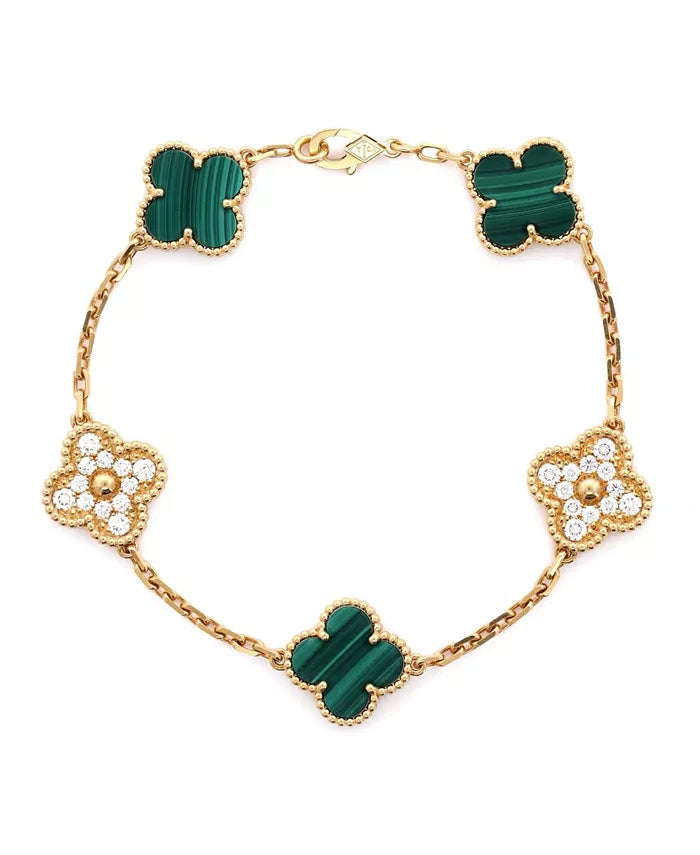 Vintage Alhambra 5 Motifs Bracelet 18K Gold and Malachite with Diamonds