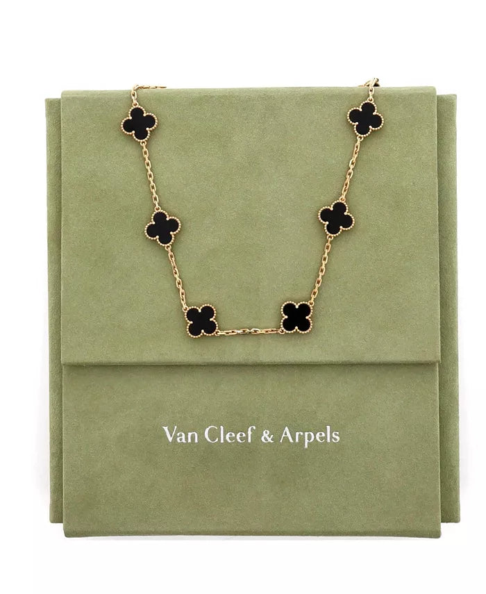 Vintage Alhambra 10 Motifs Necklace 18K Gold and Onyx, 16.75"