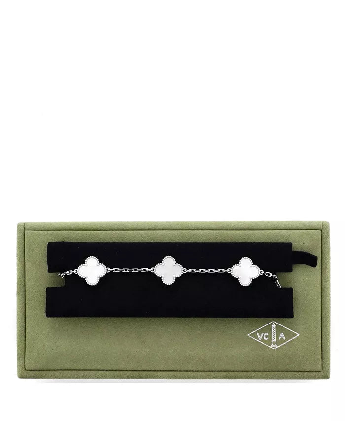 Vintage Alhambra 5 Motifs Bracelet 18K White Gold and Mother of Pearl