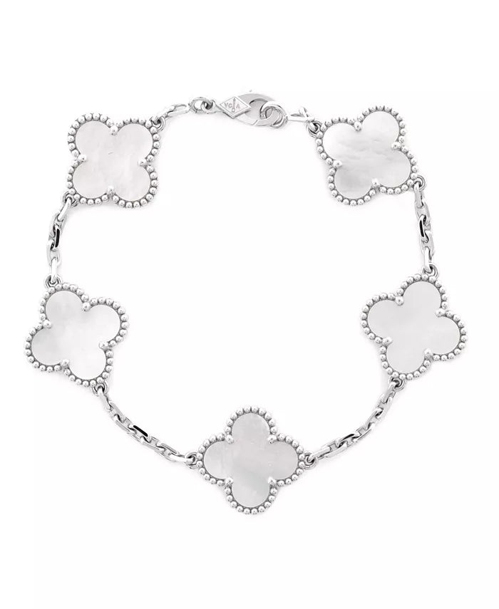 Vintage Alhambra 5 Motifs Bracelet 18K White Gold and Mother of Pearl