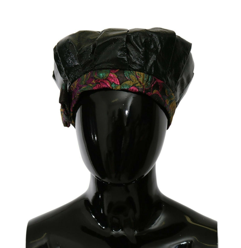 Elegante gorra de boina negra con forro floral