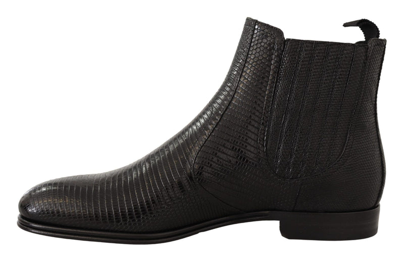 Élégants bottes de derby de peau de lézard noir en cuir noir