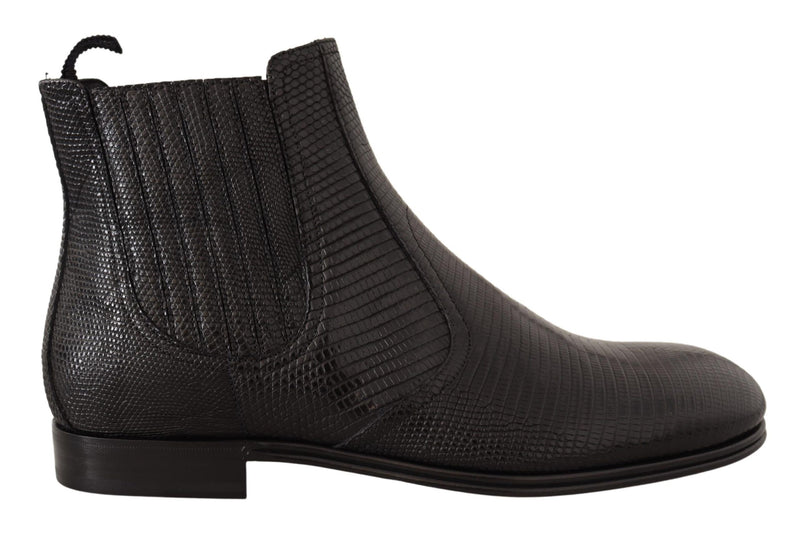 Élégants bottes de derby de peau de lézard noir en cuir noir