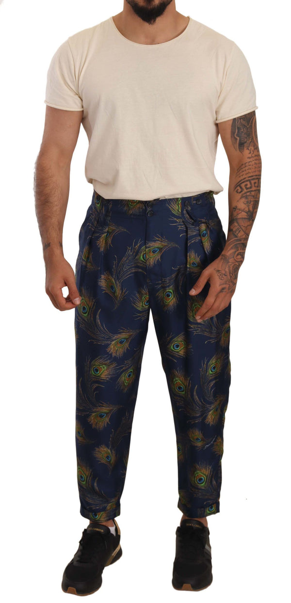 Exquisitos pantalones de seda con estampado de pavo real