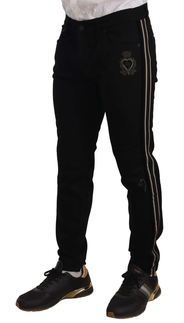 Heraldic Embroidered Slim Fit Black Jeans