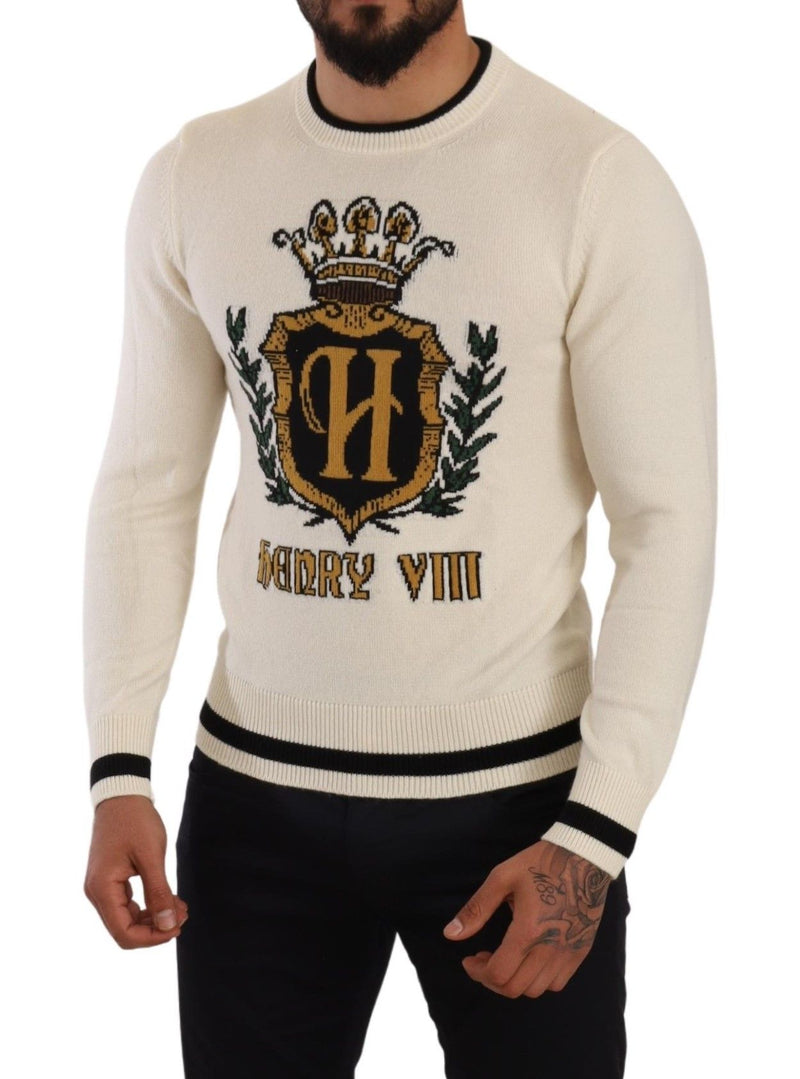 Elegant Snow-White Heraldic Cashmere Sweater