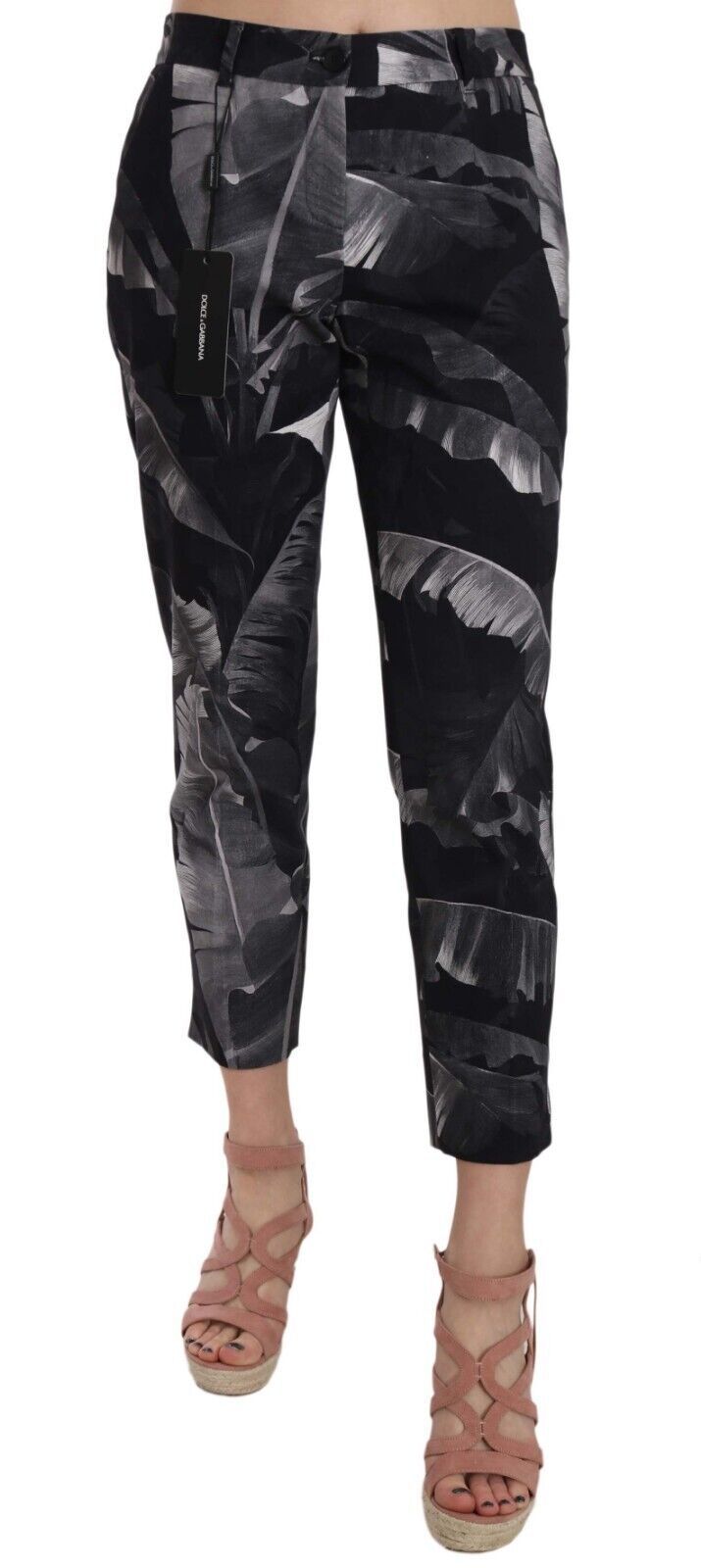 Elegantes pantalones de estampado de hojas de plátano negro Capri