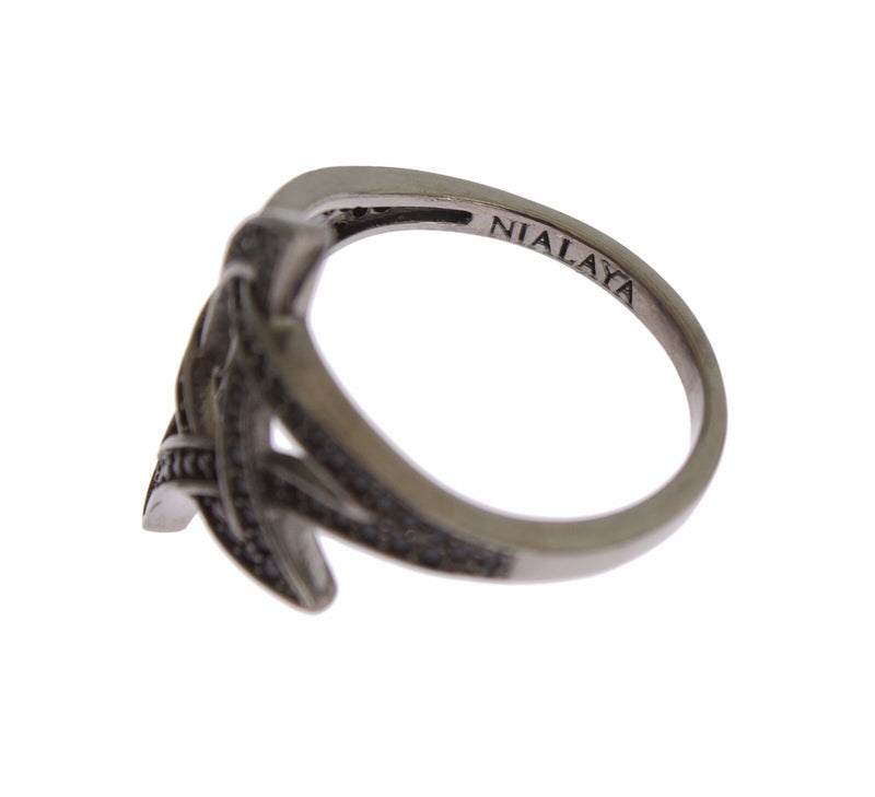 Anillo de cristal de plata de plata de rodio negro elegante