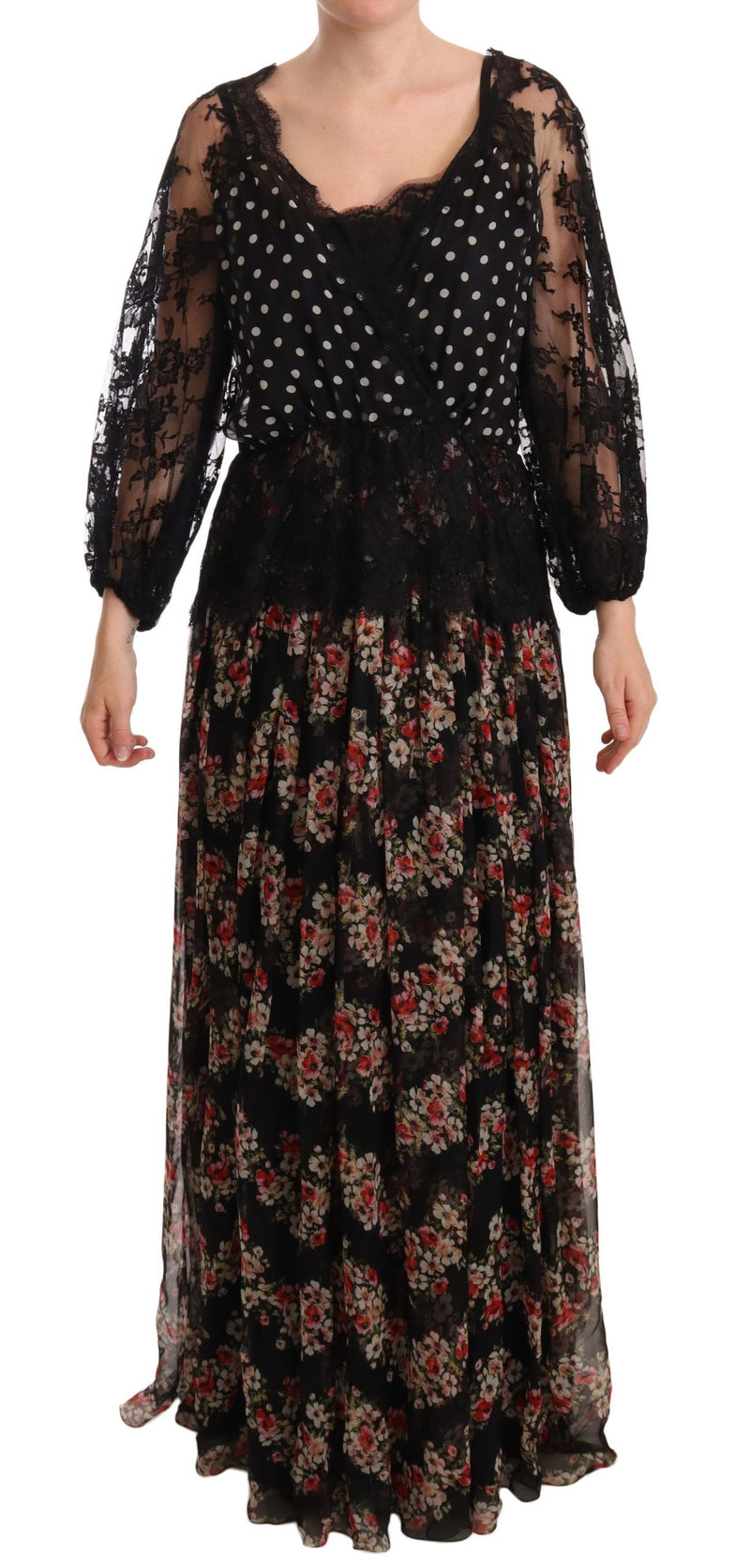 Elegant Lace Floral Maxi Dress with Polka Dots