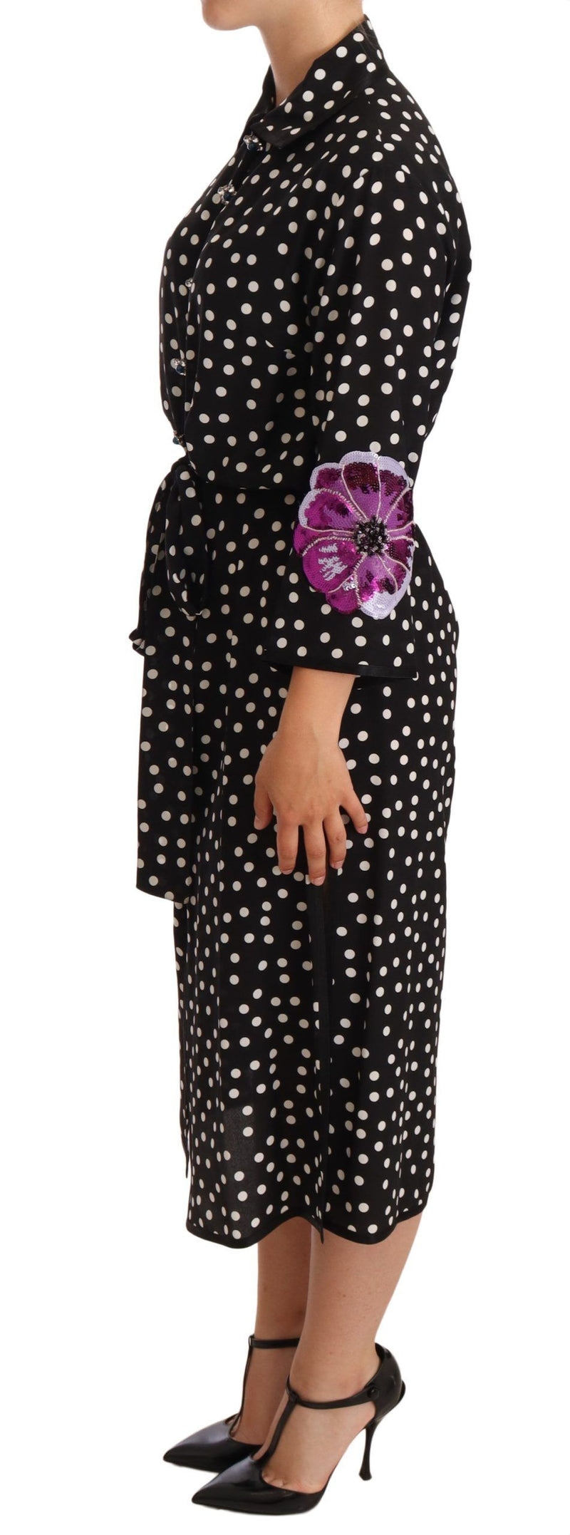 Elegante abito midi con paillettes a pois in seta