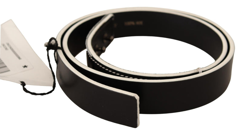 Chic Black Leather Fashion Belt με λευκές προθέσεις