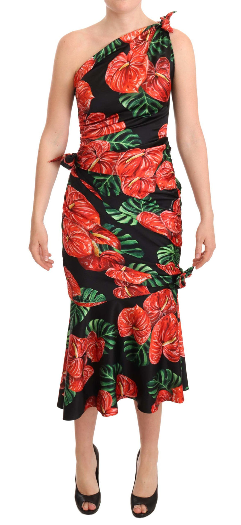 Elegante vestido de seda floral drapeada