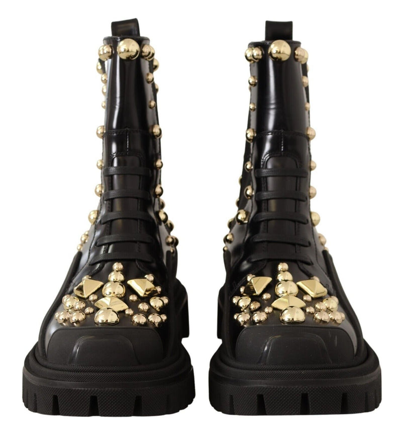 Studded Leather Combat Boots with Embroidery