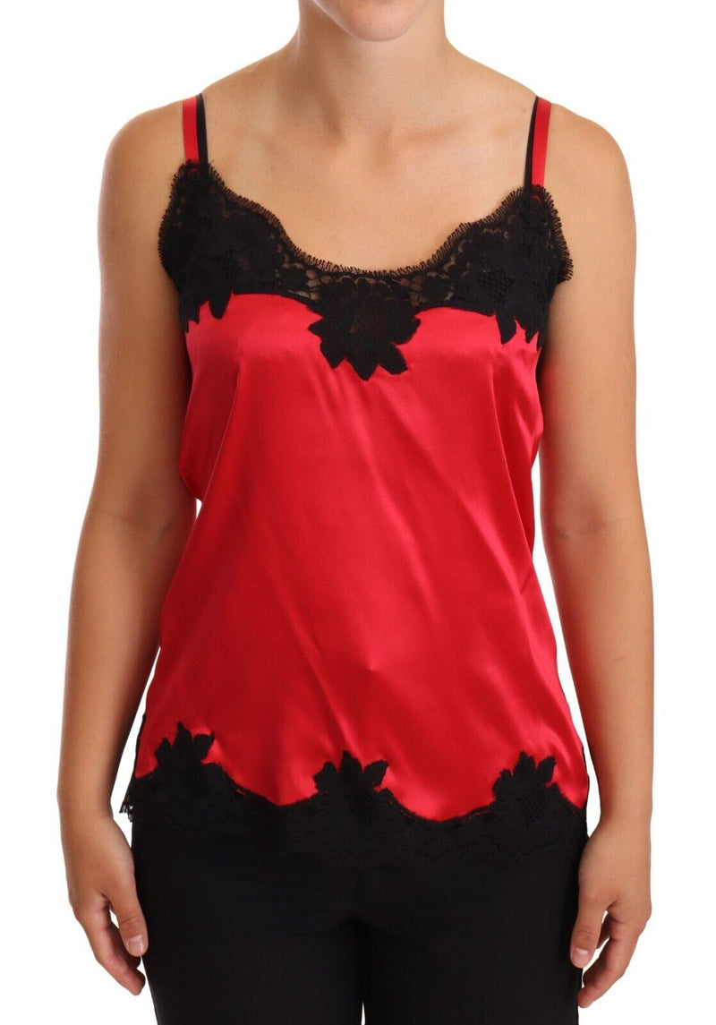 Seidenmischung Spitzen-Trim-Camisole in Rot & Schwarz