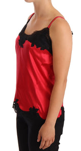 Seidenmischung Spitzen-Trim-Camisole in Rot & Schwarz