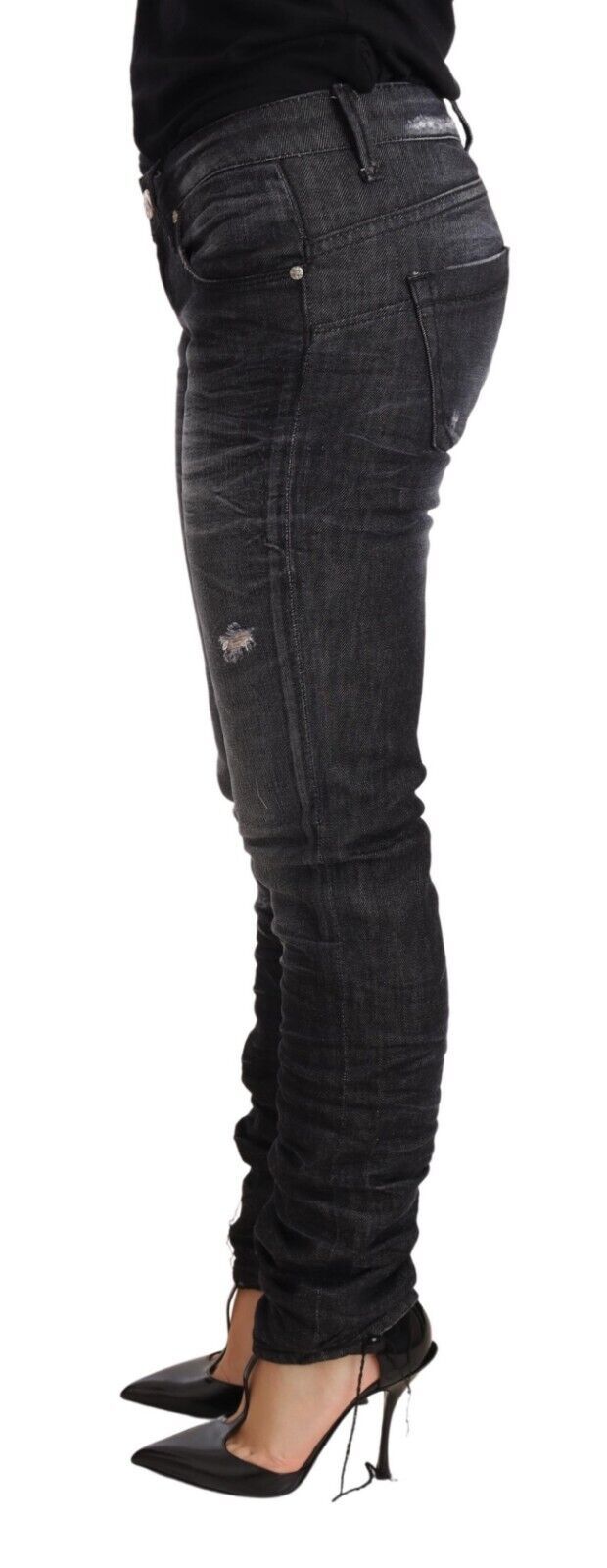 Élégant denim noir maigre de taille basse