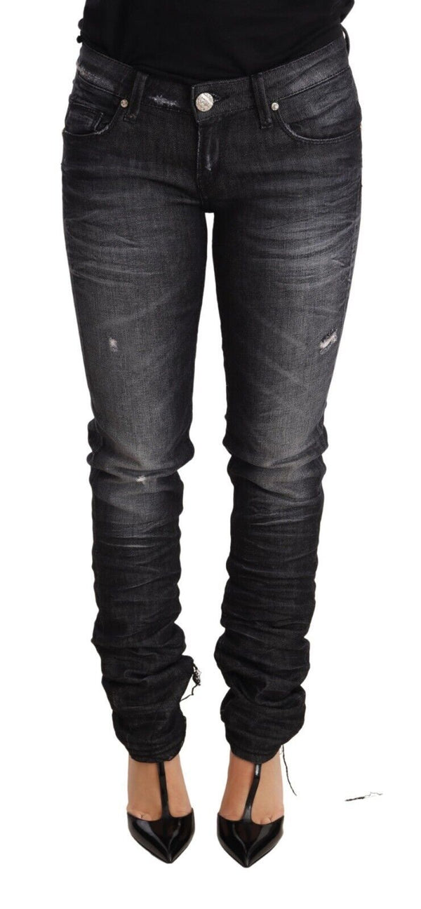 Élégant denim noir maigre de taille basse