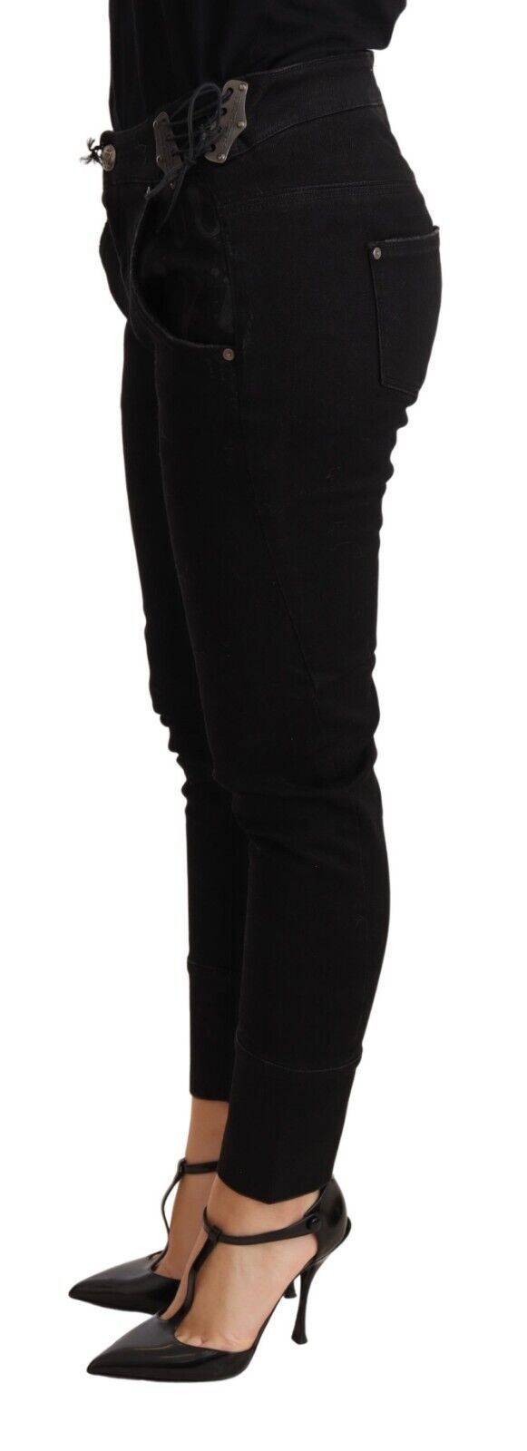 Pantalon de coton noir skinny à taille basse chic