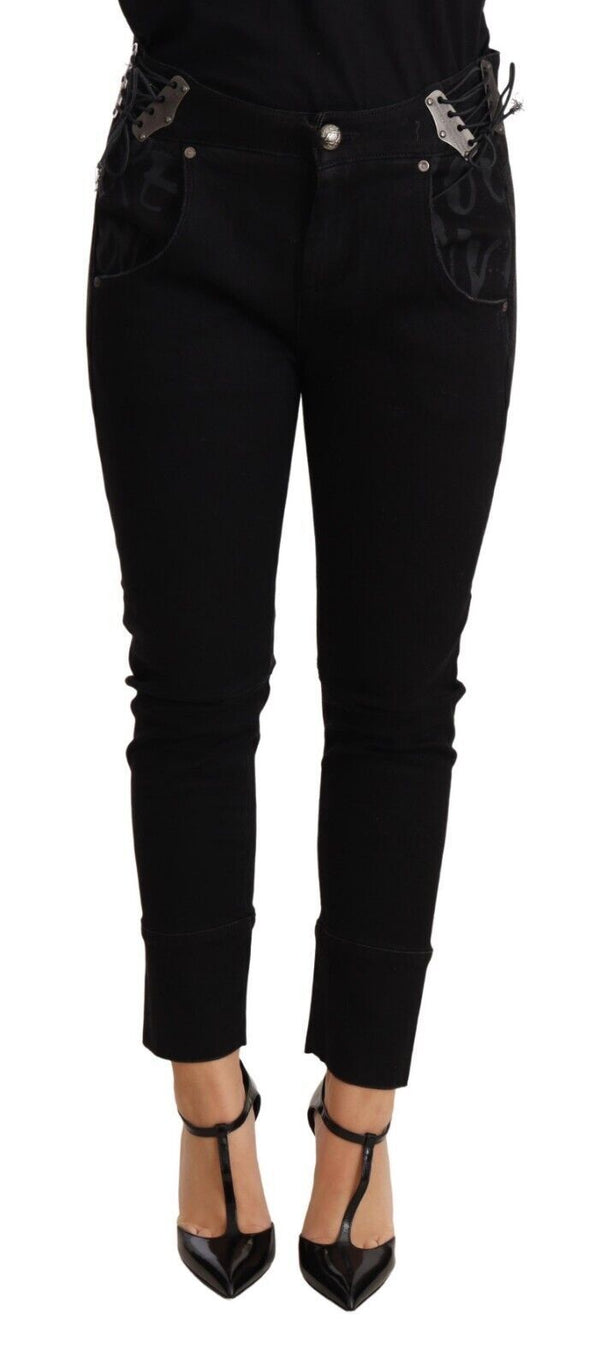 Pantalon de coton noir skinny à taille basse chic