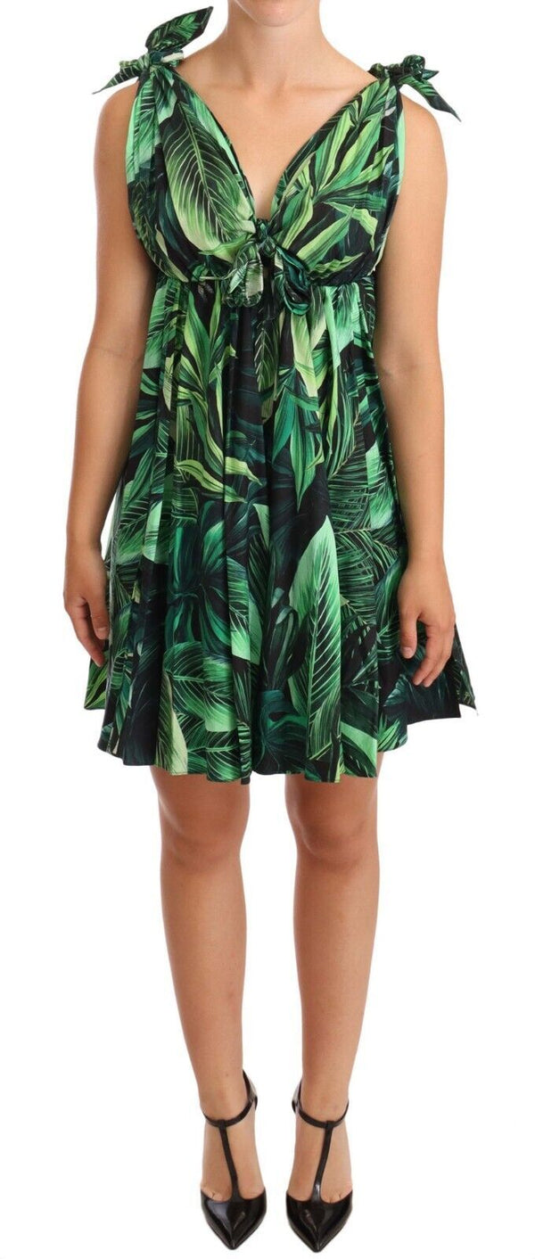 Elegant Fared Mini Robe A-Line in Green Leaf Print