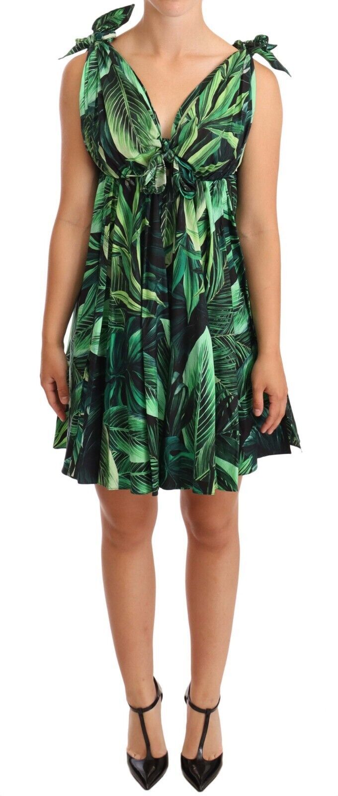 Vestido elegante de mini mini de línea A en estampado de hoja verde