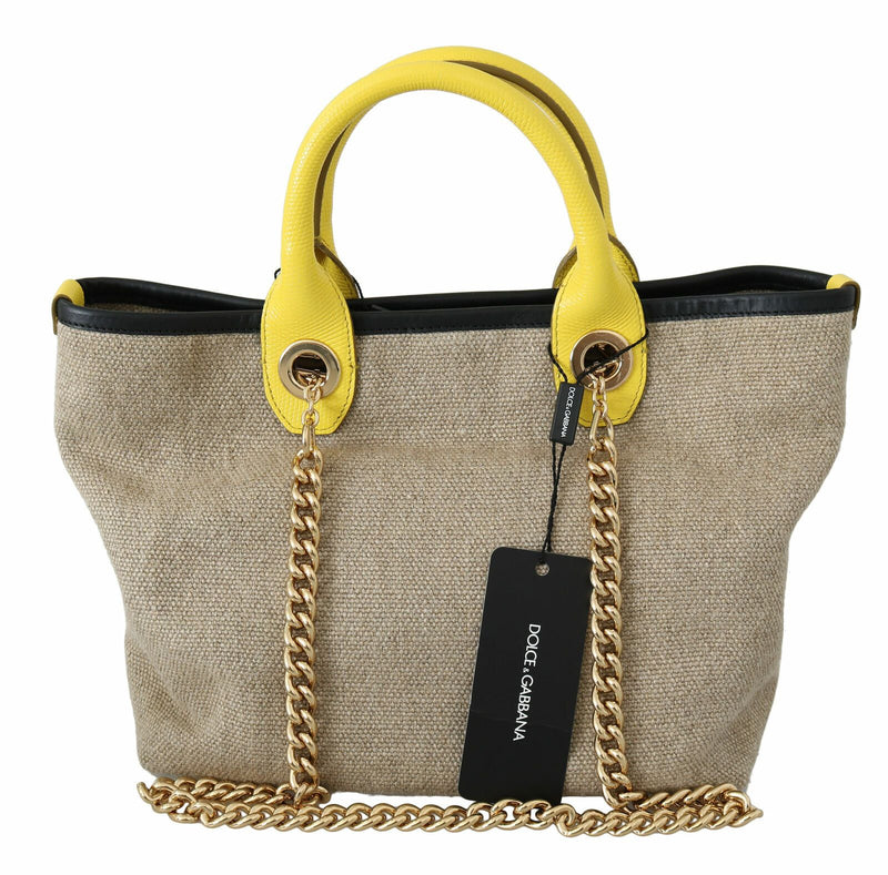 Beige Leinen-Kalf-Tasche mit Goldkette