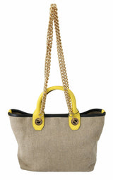 Tote di lino beige con catena d'oro