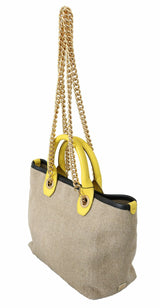 Tote di lino beige con catena d'oro