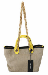 Beige Leinen-Kalf-Tasche mit Goldkette