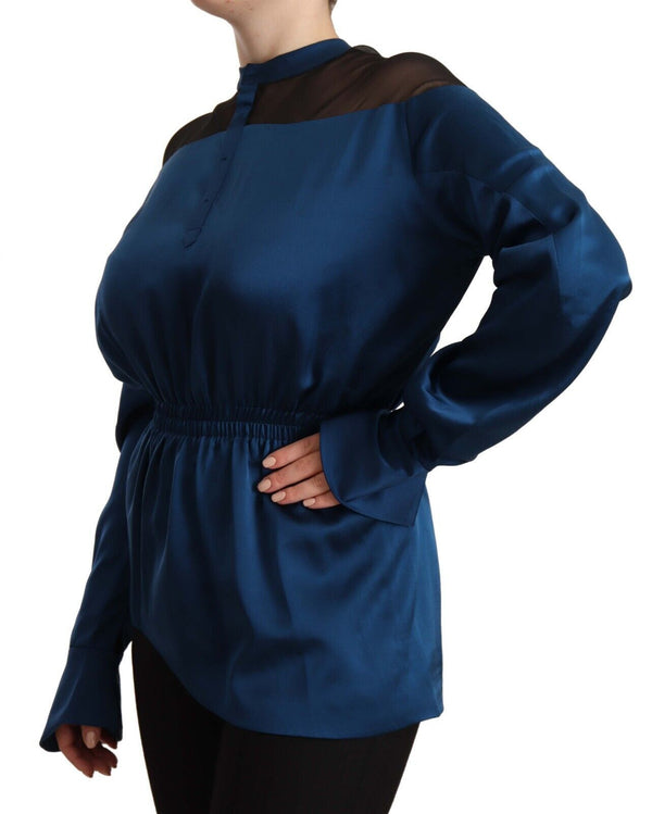 Elegante blusa de seda del cuello de la tripulación en azul