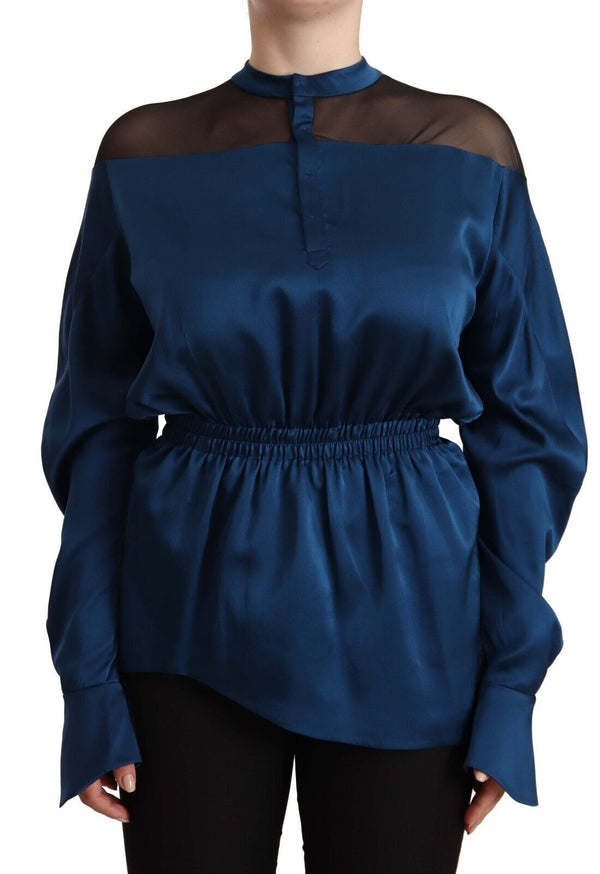 Elegante blusa de seda del cuello de la tripulación en azul