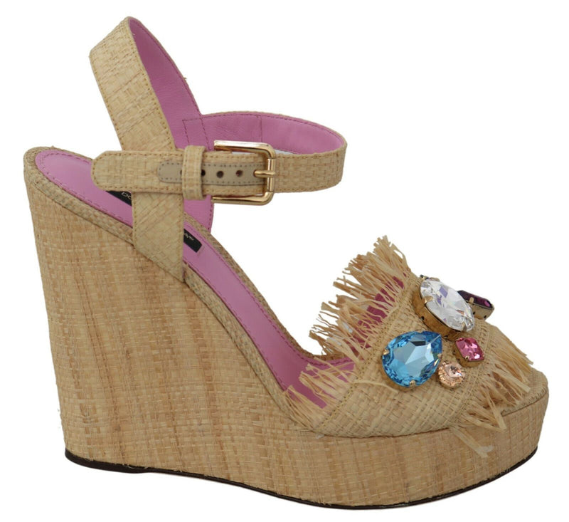 Sandalias de cuña de correa de seda beige