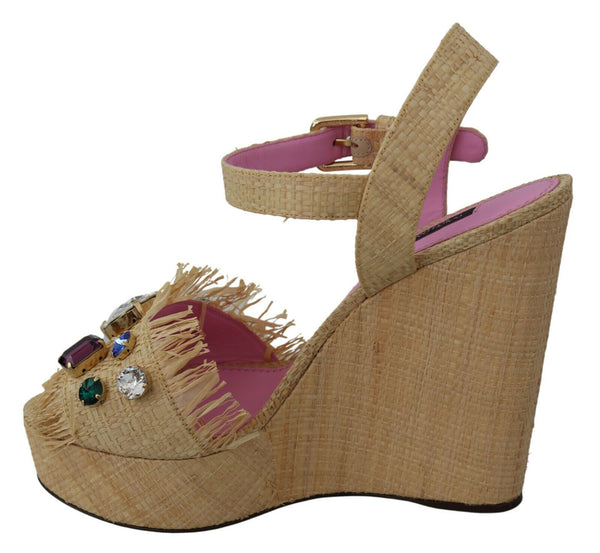 Sandalias de cuña de correa de seda beige