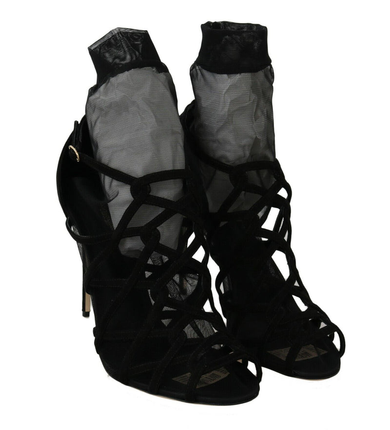 Sandales de botte de cheville en tulle en daim noir