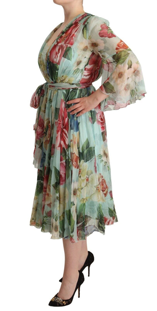 Robe élégante en soie midi vert floral