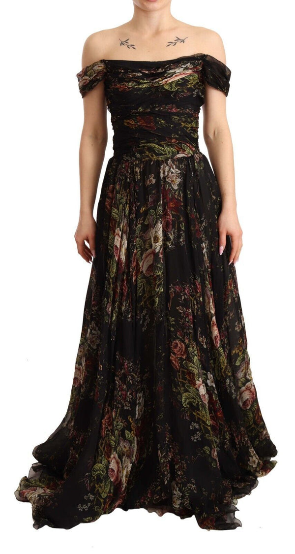 Robe longue à épaules dénudées en soie florale