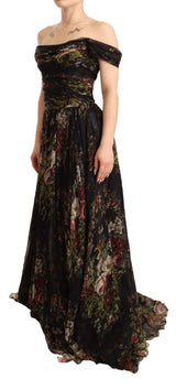 Robe longue à épaules dénudées en soie florale