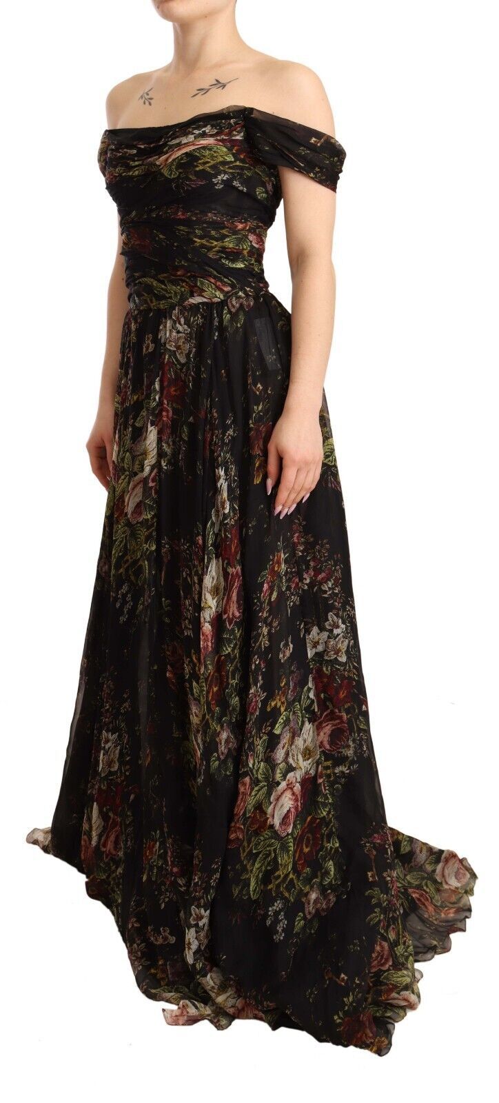 Florale Seide Off-Shoulder Long Kleid