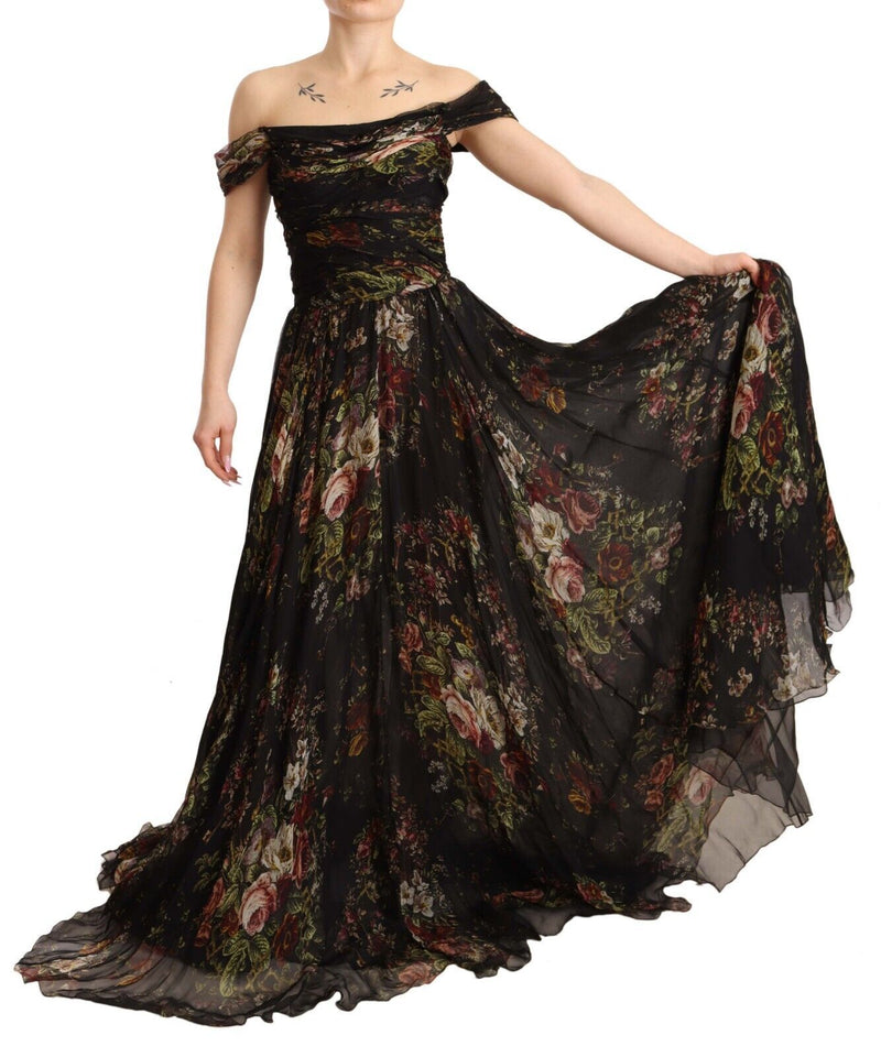 Robe longue à épaules dénudées en soie florale