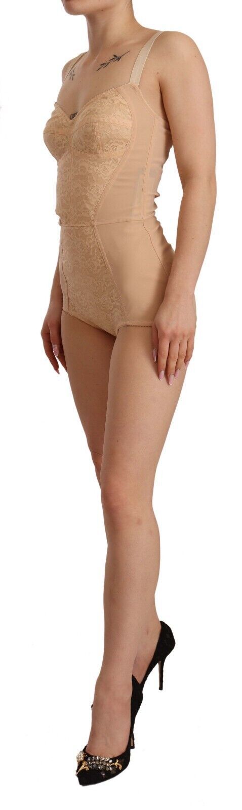 Beige Spitzenpaneel Stretch Bodysuit