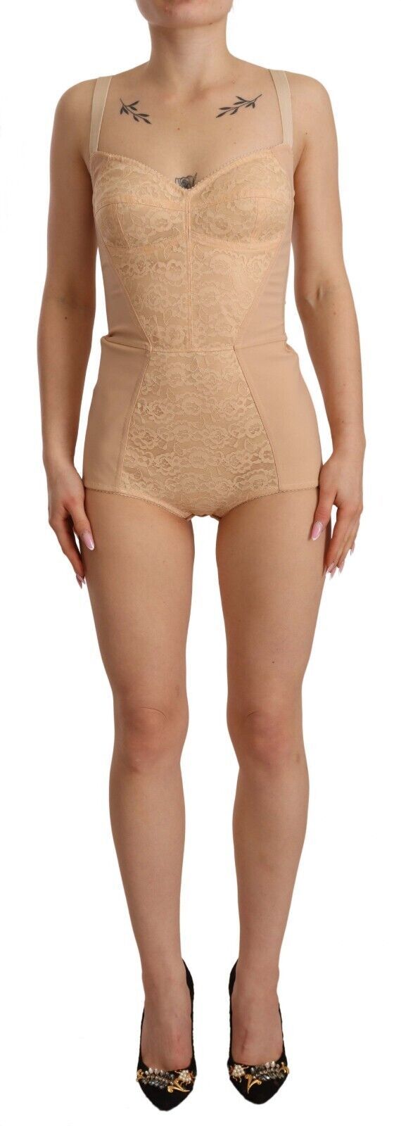 Beige Spitzenpaneel Stretch Bodysuit