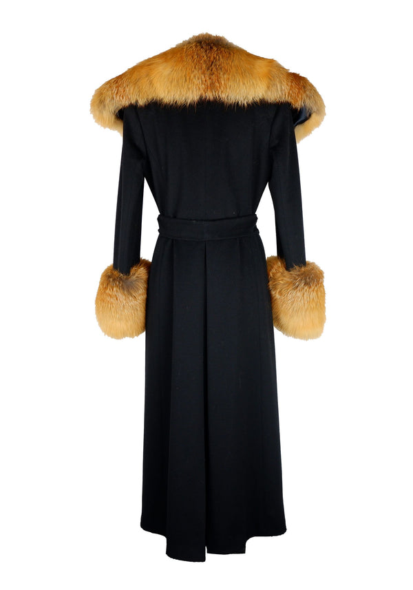 Elegant Black Wool Coat with Fox Fur Accents