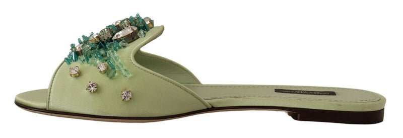 Elegant Crystal-Embellished Green Leather Slides