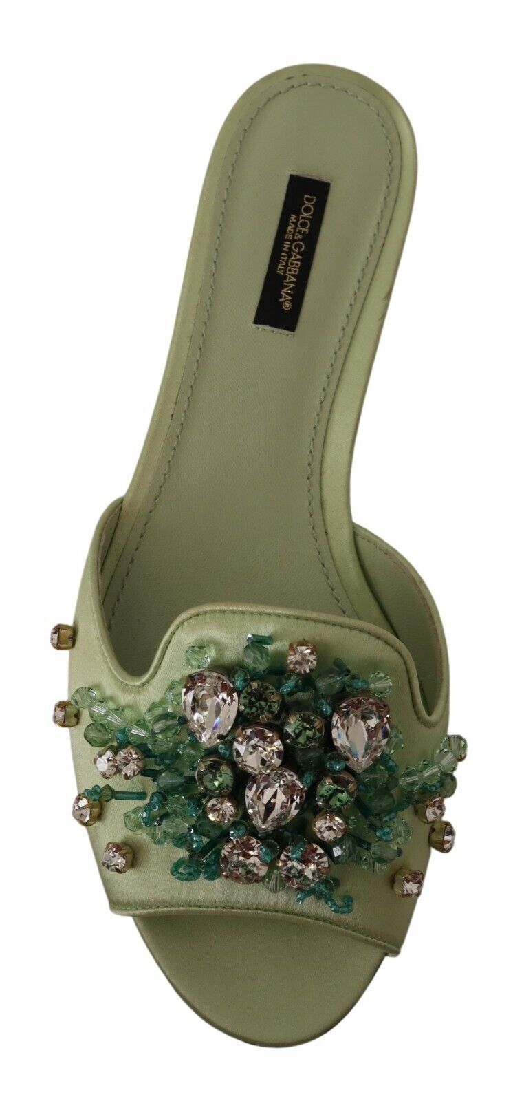 Elegant Crystal-Embellished Green Leather Slides