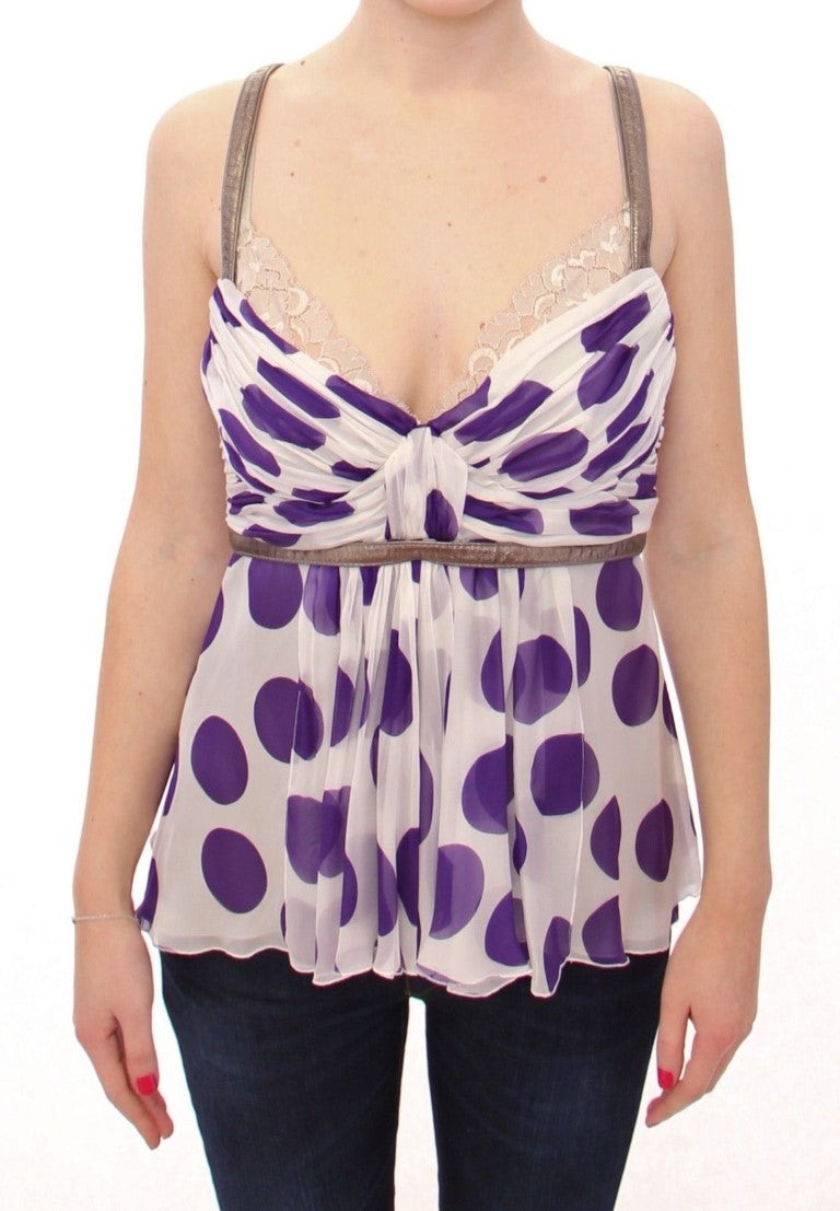 Elegante Polka gepunktete Seidenbluse mit Lederdetails