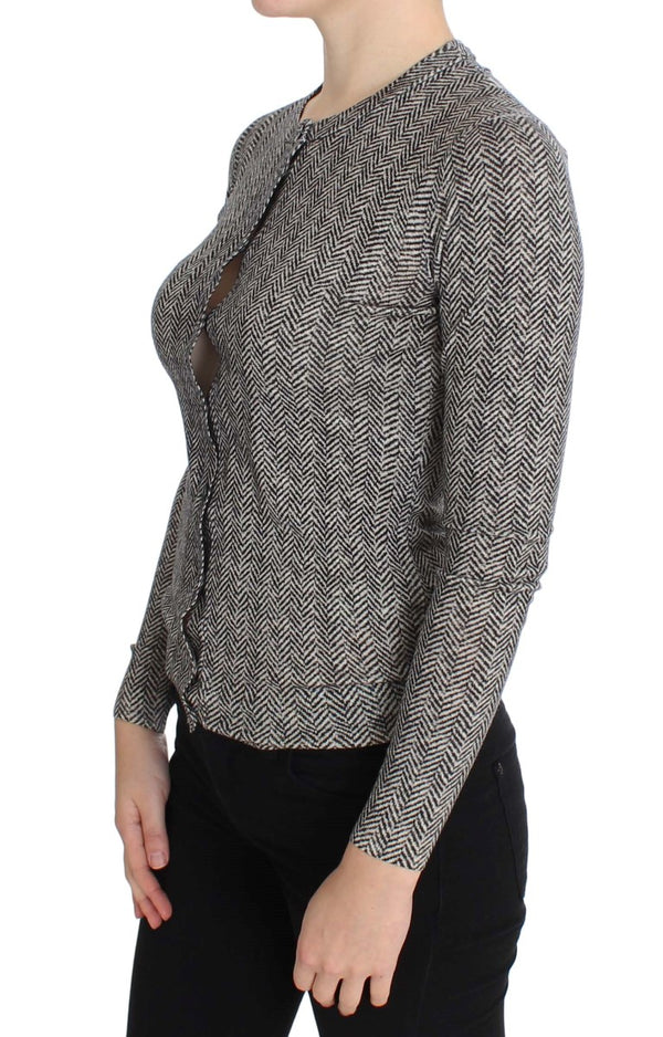 Elegante Schwarz -Weiß -Woll -Strickjacke