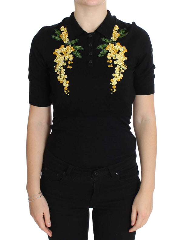 Top de polo floral de seda negra elegante