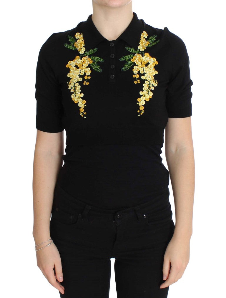 Top de polo floral de seda negra elegante